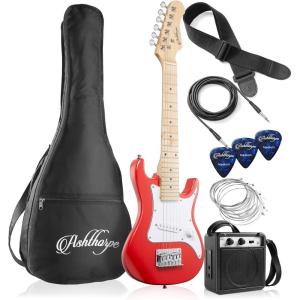 imageAshthorpe 30inch Beginner Electric Guitar Kit with Amplifier Pink Basic Starter Package wGig Bag Strings Strap PicksRed