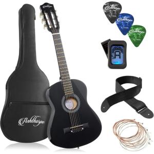 imageAshthorpe 38inch Beginner Acoustic Guitar Package Black Basic Starter Kit wGig Bag Strings Strap Tuner Pitch Pipe PicksBlack