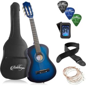 imageAshthorpe 38inch Beginner Acoustic Guitar Package Black Basic Starter Kit wGig Bag Strings Strap Tuner Pitch Pipe PicksBlue