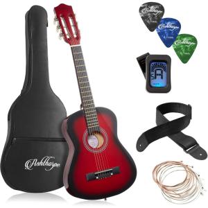 imageAshthorpe 38inch Beginner Acoustic Guitar Package Black Basic Starter Kit wGig Bag Strings Strap Tuner Pitch Pipe PicksBright Red