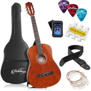 imageAshthorpe 38inch Beginner Acoustic Guitar Package Black Basic Starter Kit wGig Bag Strings Strap Tuner Pitch Pipe PicksBrown