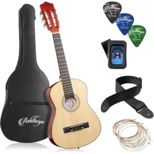 imageAshthorpe 38inch Beginner Acoustic Guitar Package Black Basic Starter Kit wGig Bag Strings Strap Tuner Pitch Pipe PicksNatural