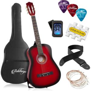 imageAshthorpe 38inch Beginner Acoustic Guitar Package Black Basic Starter Kit wGig Bag Strings Strap Tuner Pitch Pipe PicksRed