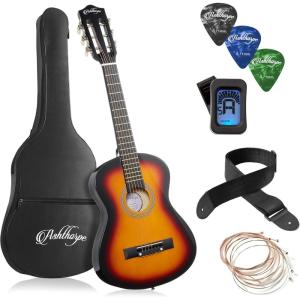 imageAshthorpe 38inch Beginner Acoustic Guitar Package Black Basic Starter Kit wGig Bag Strings Strap Tuner Pitch Pipe PicksSunburst