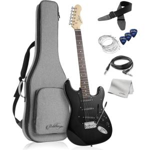 imageAshthorpe 39Inch Electric Guitar Light BlueSilver FullSize Guitar Kit with Padded Gig Bag Tremolo Bar Strap Strings Cable Cloth PicksBlackBlack