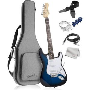 imageAshthorpe 39Inch Electric Guitar Light BlueSilver FullSize Guitar Kit with Padded Gig Bag Tremolo Bar Strap Strings Cable Cloth PicksBlueWhite