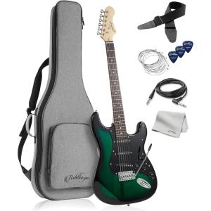 imageAshthorpe 39Inch Electric Guitar Light BlueSilver FullSize Guitar Kit with Padded Gig Bag Tremolo Bar Strap Strings Cable Cloth PicksGreenBlack