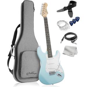 imageAshthorpe 39Inch Electric Guitar Light BlueSilver FullSize Guitar Kit with Padded Gig Bag Tremolo Bar Strap Strings Cable Cloth PicksLight BlueSilver