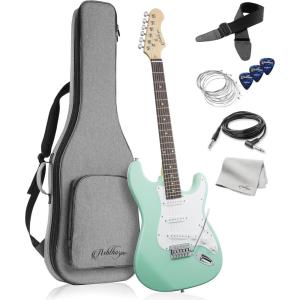 imageAshthorpe 39Inch Electric Guitar Light BlueSilver FullSize Guitar Kit with Padded Gig Bag Tremolo Bar Strap Strings Cable Cloth PicksMint GreenWhite