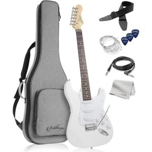 imageAshthorpe 39Inch Electric Guitar Light BlueSilver FullSize Guitar Kit with Padded Gig Bag Tremolo Bar Strap Strings Cable Cloth PicksWhiteWhite