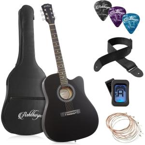 imageAshthorpe 41inch Beginner Cutaway Acoustic Guitar Package Black Full Size Basic Starter Kit wGig Bag Strings Strap Tuner PicksBlack