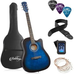 imageAshthorpe 41inch Beginner Cutaway Acoustic Guitar Package Black Full Size Basic Starter Kit wGig Bag Strings Strap Tuner PicksBlue