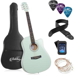 imageAshthorpe 41inch Beginner Cutaway Acoustic Guitar Package Black Full Size Basic Starter Kit wGig Bag Strings Strap Tuner PicksMint Green