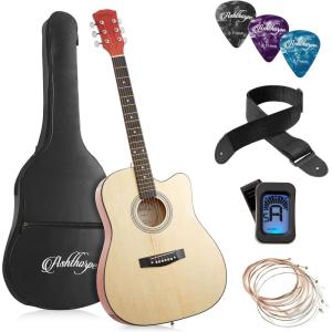 imageAshthorpe 41inch Beginner Cutaway Acoustic Guitar Package Black Full Size Basic Starter Kit wGig Bag Strings Strap Tuner PicksNatural