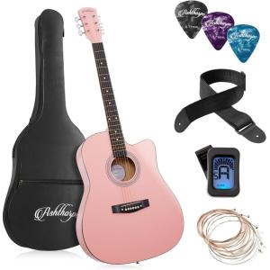 imageAshthorpe 41inch Beginner Cutaway Acoustic Guitar Package Black Full Size Basic Starter Kit wGig Bag Strings Strap Tuner PicksPink
