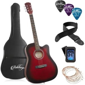 imageAshthorpe 41inch Beginner Cutaway Acoustic Guitar Package Black Full Size Basic Starter Kit wGig Bag Strings Strap Tuner PicksRed