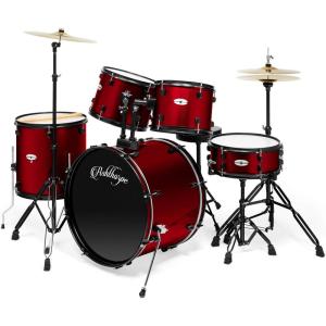imageAshthorpe 5Piece Complete Full Size Adult Drum Set with Remo Batter Heads  BlackRed
