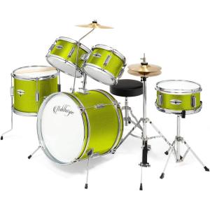 imageAshthorpe 5Piece Complete Junior Drum Set with Genuine Brass Cymbals  Advanced Beginner Kit with 16quot Bass Adjustable Throne Cymbals HiHats Pedals ampamp Drumsticks  BlackGreen