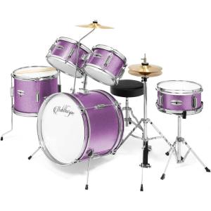 imageAshthorpe 5Piece Complete Junior Drum Set with Genuine Brass Cymbals  Advanced Beginner Kit with 16quot Bass Adjustable Throne Cymbals HiHats Pedals ampamp Drumsticks  BlackPurple