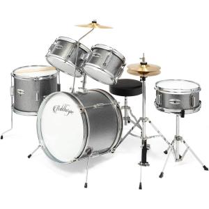 imageAshthorpe 5Piece Complete Junior Drum Set with Genuine Brass Cymbals  Advanced Beginner Kit with 16quot Bass Adjustable Throne Cymbals HiHats Pedals ampamp Drumsticks  BlackSilver