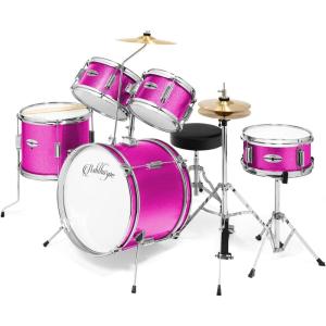 imageAshthorpe 5Piece Complete Junior Drum Set with Genuine Brass Cymbals  Advanced Beginner Kit with 16quot Bass Adjustable Throne Cymbals HiHats Pedals ampamp Drumsticks  BlackPink