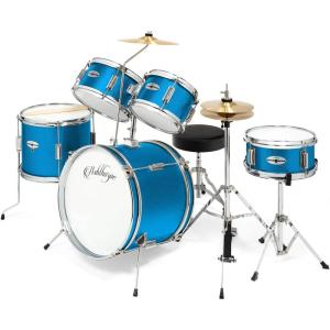 imageAshthorpe 5Piece Complete Junior Drum Set with Genuine Brass Cymbals  Advanced Beginner Kit with 16quot Bass Adjustable Throne Cymbals HiHats Pedals ampamp Drumsticks  BlackBlue