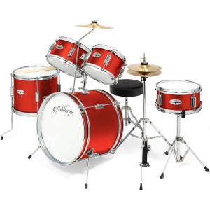 imageAshthorpe 5Piece Complete Junior Drum Set with Genuine Brass Cymbals  Advanced Beginner Kit with 16quot Bass Adjustable Throne Cymbals HiHats Pedals ampamp Drumsticks  BlackRed