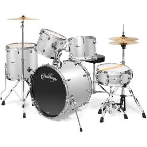 imageAshthorpe 5Piece Full Size Adult Drum Set with Remo Heads ampamp Premium Brass Cymbals  Complete Professional Percussion Kit with Chrome Hardware  SilverSilver