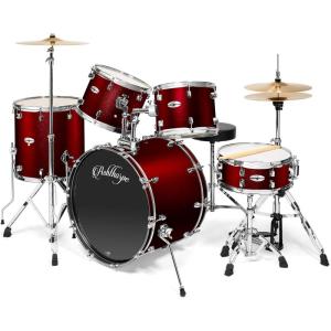 imageAshthorpe 5Piece Full Size Adult Drum Set with Remo Heads ampamp Premium Brass Cymbals  Complete Professional Percussion Kit with Chrome Hardware  SilverRed