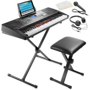 imageAshthorpe 61Key Digital Electronic Keyboard Piano with Light Up Keys Beginner Kit Includes Stand Stool Headphones Mic and Keynote Stickers