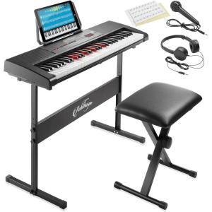 imageAshthorpe 61Key Digital Electronic Keyboard Piano with Light Up Keys Includes Stand Bench Headphones Mic and Keynote Stickers