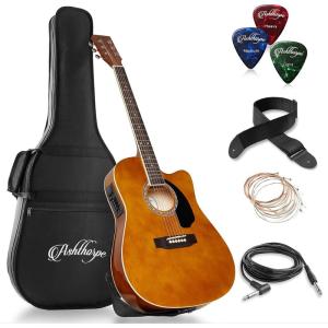 imageAshthorpe FullSize Cutaway Thinline AcousticElectric Guitar Package  Premium Tonewoods  BlackBrown
