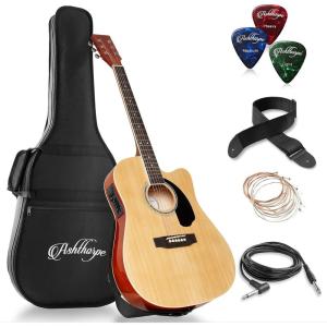 imageAshthorpe FullSize Cutaway Thinline AcousticElectric Guitar Package  Premium Tonewoods  BlackNatural