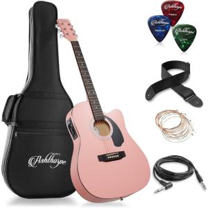 imageAshthorpe FullSize Cutaway Thinline AcousticElectric Guitar Package  Premium Tonewoods  BlackPink