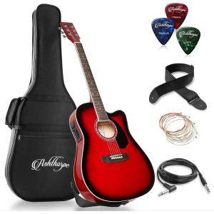 imageAshthorpe FullSize Cutaway Thinline AcousticElectric Guitar Package  Premium Tonewoods  BlackRed