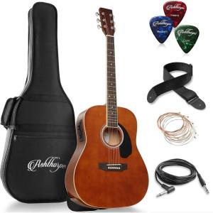 imageAshthorpe FullSize Dreadnought AcousticElectric Guitar Bundle  Premium Tonewoods  BlackBrown