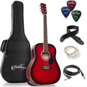 imageAshthorpe FullSize Dreadnought AcousticElectric Guitar Bundle  Premium Tonewoods  BlackRed