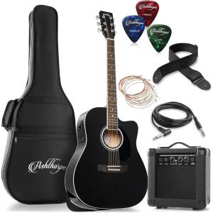 imageAshthorpe FullSize Dreadnought Cutaway Acoustic Electric Guitar Package with 10 Watt Amp  SunburstBlack