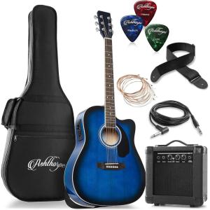 imageAshthorpe FullSize Dreadnought Cutaway Acoustic Electric Guitar Package with 10 Watt Amp  SunburstBlue
