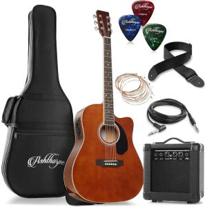 imageAshthorpe FullSize Dreadnought Cutaway Acoustic Electric Guitar Package with 10 Watt Amp  SunburstBrown