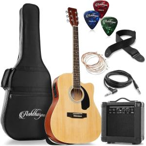 imageAshthorpe FullSize Dreadnought Cutaway Acoustic Electric Guitar Package with 10 Watt Amp  SunburstNatural