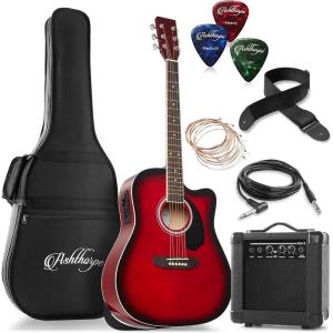 imageAshthorpe FullSize Dreadnought Cutaway Acoustic Electric Guitar Package with 10 Watt Amp  SunburstRed