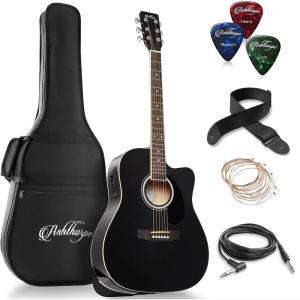 imageAshthorpe FullSize Dreadnought Cutaway AcousticElectric Guitar Bundle  Premium Tonewoods  BlueBlack
