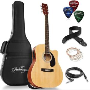 imageAshthorpe FullSize Dreadnought Cutaway AcousticElectric Guitar Bundle  Premium Tonewoods  BlueNatural
