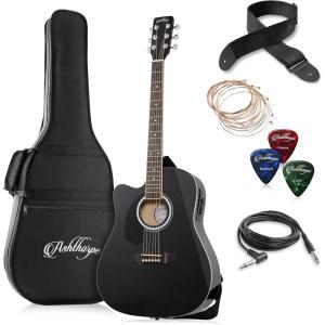 imageAshthorpe FullSize LeftHanded Dreadnought Cutaway AcousticElectric Guitar Bundle  Premium Tonewoods  BlackBlack