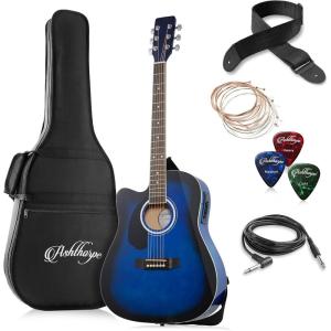 imageAshthorpe FullSize LeftHanded Dreadnought Cutaway AcousticElectric Guitar Bundle  Premium Tonewoods  BlackBlue