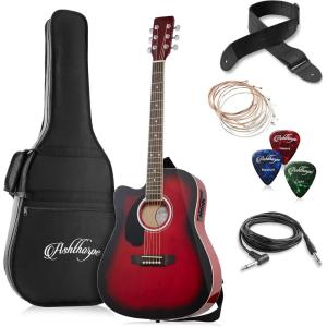 imageAshthorpe FullSize LeftHanded Dreadnought Cutaway AcousticElectric Guitar Bundle  Premium Tonewoods  BlackRed