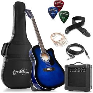 imageAshthorpe FullSize Thinline Cutaway Acoustic Electric Guitar Package with 10 Watt Amp  BrownBlue