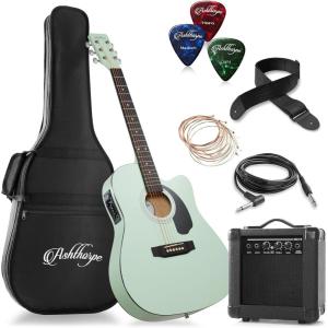imageAshthorpe FullSize Thinline Cutaway Acoustic Electric Guitar Package with 10 Watt Amp  BrownMint Green