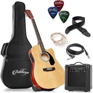imageAshthorpe FullSize Thinline Cutaway Acoustic Electric Guitar Package with 10 Watt Amp  BrownNatural